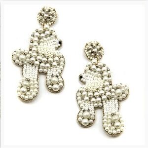 Seed Bead Handmade White Poodle Dog Earrings Boho Stud Gold Pearl Beads